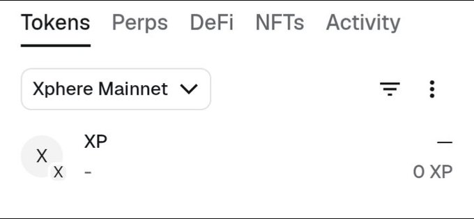 A MetaMask wallet interface displays the Xphere Mainnet network with a balance of 0 XP tokens. The image serves as a visual reference for users following the tutorial on how to add the Xphere Mainnet network to their wallet.