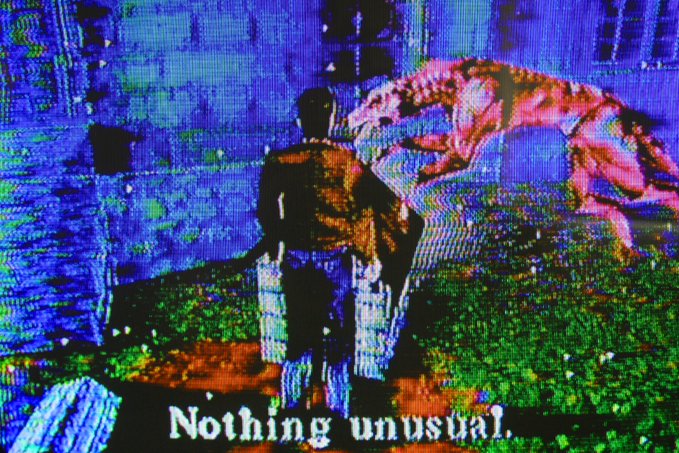 A pixelated, retro video game-style image shows a character walking down a hallway while a red humanoid creature emerges from the wall behind them, with the caption "Nothing unusual." at the bottom.
