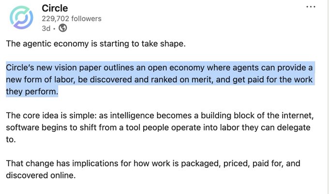 A LinkedIn post from Circle (229,702 followers) shared 3 days ago announcing their new vision paper on an emerging "agentic economy," where AI agents can provide labor, be discovered and ranked on merit, and receive payment—highlighting the shift from software as a tool to software as delegatable labor.