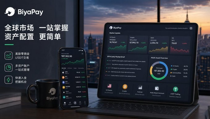 The image is a promotional advertisement for BiyaPay, showing the platform displayed on both a laptop and smartphone against a city skyline backdrop, with dashboard screens showing a portfolio balance of 187,302.50 USDT and asset overviews for US Stocks, Crypto, Gold, and Oil. Chinese text promotes features like zero commissions on USDT/USD trading, multi-asset account management, and quick onboarding, illustrating the accompanying post's point about digital assets like USDT becoming accessible tools for ordinary users to manage global investments beyond just crypto trading.