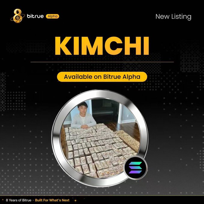 A Bitrue Alpha promotional graphic announces the new listing of $KIMCHI, with large yellow “KIMCHI” and “Available on Bitrue Alpha” text beside a Solana-style token logo. It promotes $KIMCHI (“Aura Final Boss”), tied in the post to Solana meme-coin hype and @kimchi1x.
