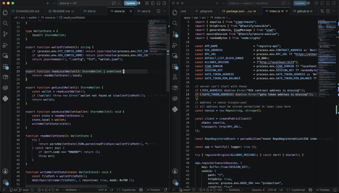 The image shows two computer screens displaying code written in a programming language. The screens are side by side, allowing for easy comparison of the code displayed on each screen. The text in the image includes phrases such as "talking is cheap", which could be related to the concept of open source software and its importance in building the crypto funding & market ecosystem.

The post discusses the development of a new OSS project called "Base". It highlights that this project aims to create an open source ecosystem for blockchain technology, focusing on creating a secure and transparent platform for users to interact with. The image also mentions that there is a first partnership between Base and another project in the @base ecosystem.