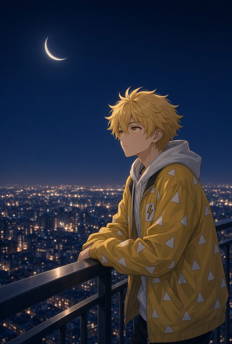 An anime-style illustration of a blonde-haired boy in a yellow triangle-patterned hoodie standing on a balcony overlooking a city at night under a crescent moon.
