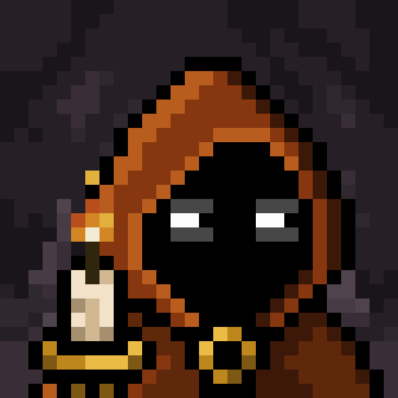 A pixel art sprite of a character wearing a brown hooded robe with a dark face and white eyes, holding what appears to be a candle or torch with a yellow flame.
