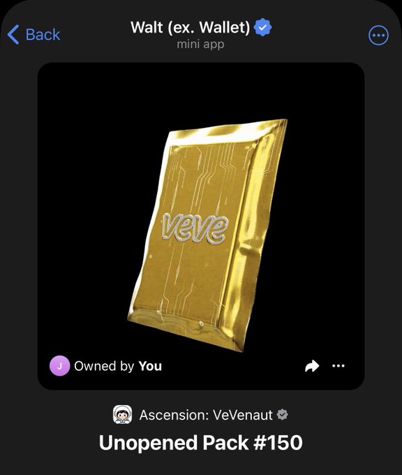 A mobile app screen showing a digital collectible item labeled "Walt (ex. Wallet) mini app" featuring a gold foil pack with the "veve" logo, titled "Unopened Pack #150" from "Ascension: VeVenaut."