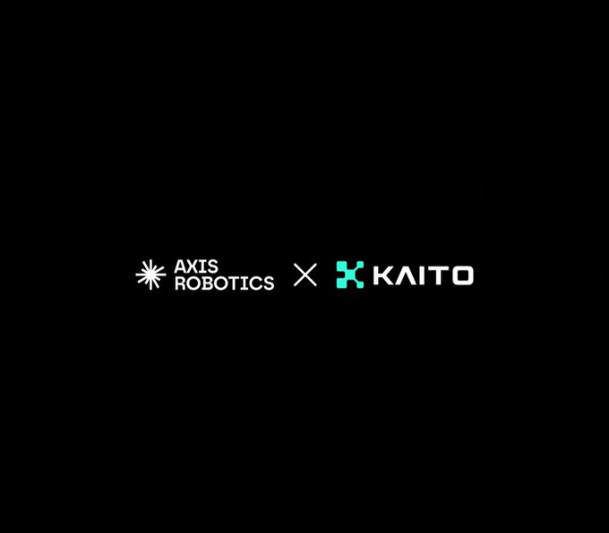 A black screen displaying the white 'AXIS ROBOTICS' logo and teal 'KAITO' logo separated by an 'X' symbol, indicating a partnership or collaboration.