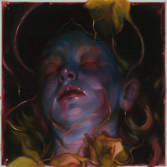 A surreal, dark oil painting depicting a close-up of a face with blue and purple tones, closed eyes, and glossy lips, surrounded by dripping yellow and red paint. There is a signature in the bottom right corner.