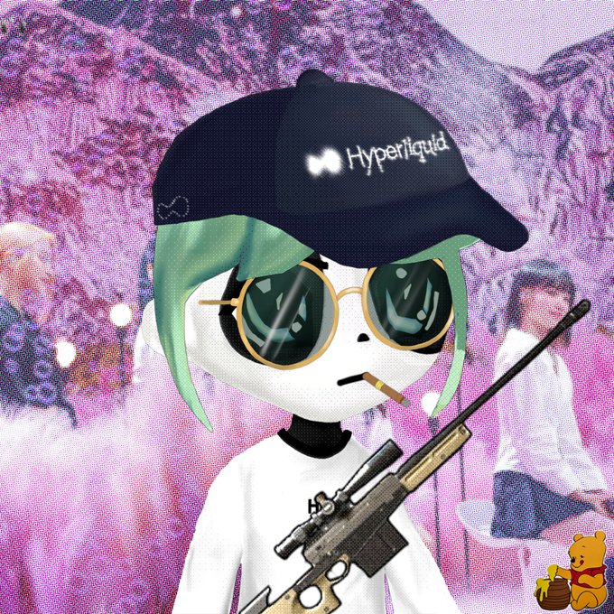 An artistic illustration of a skeletal/skeletal-like character wearing a 'Hyperliquid' branded cap, round sunglasses, smoking a cigarette, and holding a sniper rifle, with a small Pooh Bear honey pot in the corner.