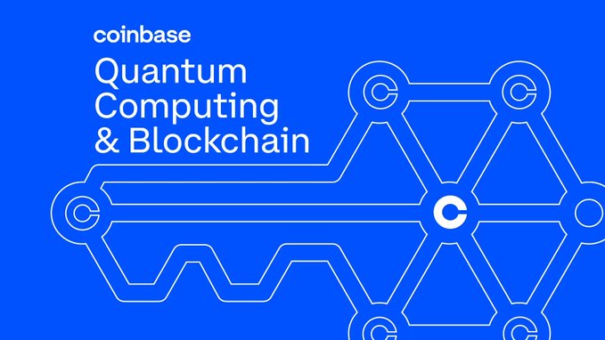 A blue promotional graphic for Coinbase featuring the Coinbase logo and text 'Quantum Computing & Blockchain' alongside a key-shaped circuit diagram with the 'C' logo.