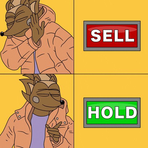 The illustration shows a cartoon of a brown animal wearing a pink coat, with its hand raised over its head. It also appears to be holding an item or making a gesture that could represent either buying something (like a toy) or selling something. The surrounding text indicates that the value of a certain object is currently at $73.34. This information can help determine whether the animal is in the process of purchasing, selling, or holding onto it, and how much more money they need to buy or sell to reach their goal.
