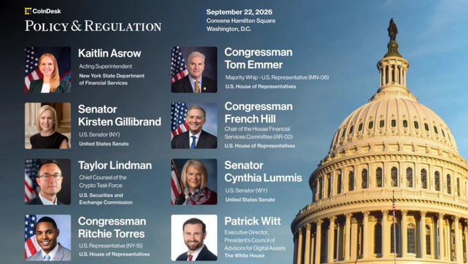 A promotional graphic for a CoinDesk 'Policy & Regulation' event on September 22, 2026, in Washington D.C., listing speakers including Kaitlin Asrow, Congressmen Tom Emmer, French Hill, Ritchie Torres, Senators Kirsten Gillibrand, Cynthia Lummis, Taylor Lindman, and Patrick Witt.