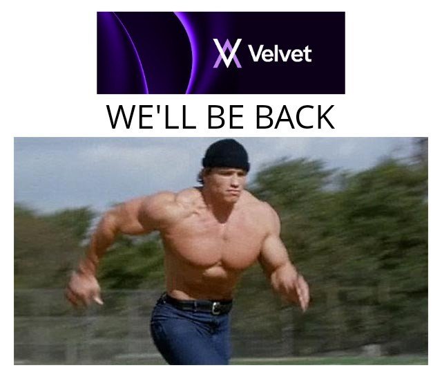 A meme featuring the 'Velvet' app logo with 'WE'LL BE BACK' text above an image of a shirtless, muscular Arnold Schwarzenegger running.