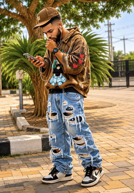 The image features a man wearing torn jeans, a brown hoodie, and a baseball cap while looking at his cell phone. The background includes a brick walkway with trees nearby, suggesting an outdoor setting. The caption of the image reads "gm ct happy new week happy new day here we go again :) let’s make today count lock in with @River4fun x @NomismaNetwork x @wallchain".