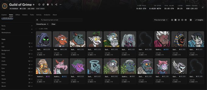 The image shows the "Guild of Grime" NFT collection marketplace page displaying 2,000 generative items for sale with floor prices ranging from approximately 0.0255 ETH to 0.0029 ETH. The accompanying post references buying the NFTs at 0.01 ETH, comparing that to the current floor prices visible on the collection page.