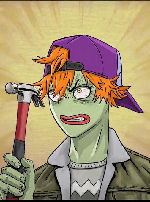 The image features a cartoon-style zombie-like character with green skin, orange hair, and a purple backwards cap, holding a hammer with a fierce expression—evoking a "builder" or "degen" aesthetic common in crypto/NFT culture. The caption relates to the post by visually representing the rebellious, hand-drawn anime NFT vibe of the "Dorian Pepin" 10K PFP collection, with the character wielding a hammer symbolizing the bold "building" move to launch on the Robinhood App chain rather than Ethereum.