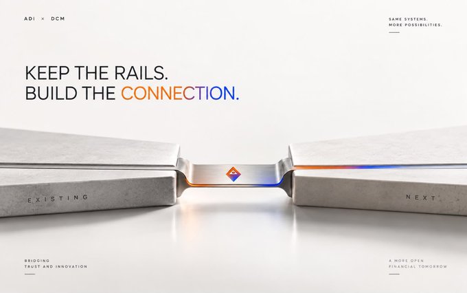 A corporate graphic features two grey stone blocks labeled 'EXISTING' and 'NEXT' connected by a glowing orange and blue bridge, with the headline 'KEEP THE RAILS. BUILD THE CONNECTION.' and branding 'ADI x DCM'.