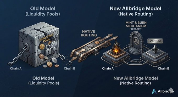 Allbridge infographic comparing the 'Old Model (Liquidity Pools)' showing a chained honeypot to the 'New Allbridge Model (Native Routing)' with mint/burn mechanism via CCTP/OF'T.