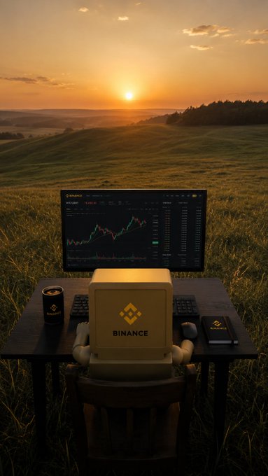 A crypto trader takes in the sunset over rolling hills, working on a Binance trading setup with a candlestick chart displayed on the monitor, alongside the Binance-branded box and accessories—evoking a moment of peaceful reflection that complements the "Blessed Friday" message of rest and gratitude.