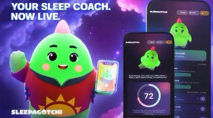 An advertisement for Sleepagotchi featuring a green creature mascot, with text "YOUR SLEEP COACH. NOW LIVE." and a smartphone app showing a sleep score of 72.
