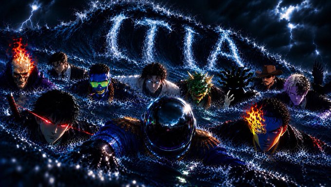 A dramatic anime-style promotional image featuring 'CTTA' in crackling blue electricity text, showing multiple characters with glowing eyes emerging from stormy waves around a central figure holding a reflective sphere.