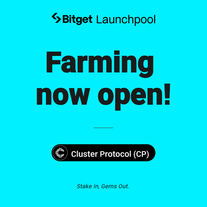 A turquoise Bitget Launchpool promotional graphic announces "Farming now open!" for Cluster Protocol (CP), featuring a logo and the tagline "Stake In, Gems Out." The image visually promotes the final day of the launchpool event mentioned in the post, where users can stake $BGB or $CP tokens to farm 7,777,777 CP tokens.
