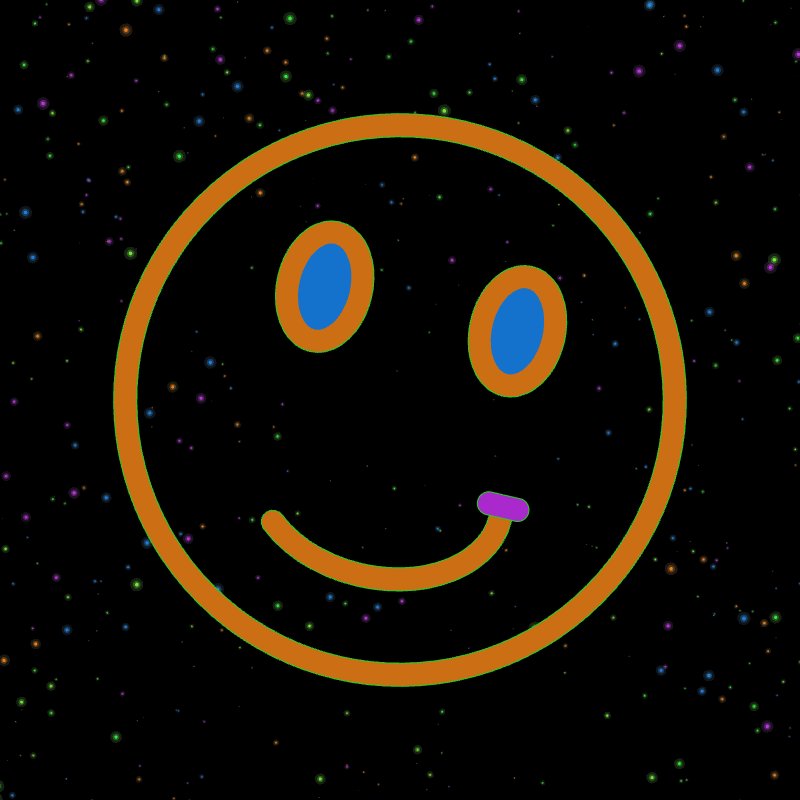 The image features a large, orange smiley face with blue eyes that appears to be smiling at the camera. The background consists of a black sky filled with stars, creating an otherworldly atmosphere. The caption above the image reads "ECSTASY is about altered states. Euphoria. Anxiety. Speed. Stillness. A face reacting to the pressure of the chain." This suggests that the smiley face might be related to Bitcoin or cryptocurrency, possibly symbolizing the idea of digital currency and its impact on society.