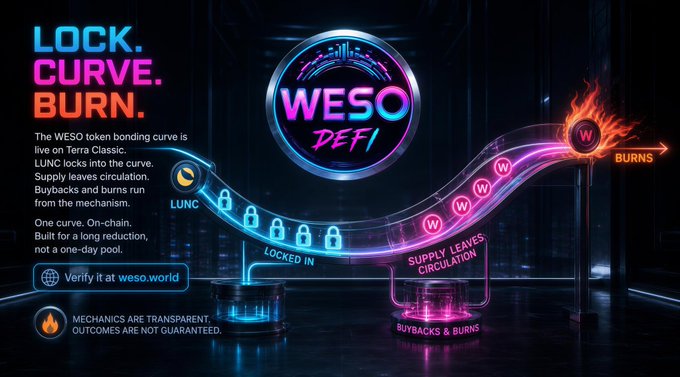 A digital advertisement for WESO DeFi explains its token bonding curve mechanics, featuring text like 'LOCK. CURVE. BURN.' and 'LOCKED IN', 'SUPPLY LEAVES CIRCULATION', and 'BUYBACKS & BURNS'.