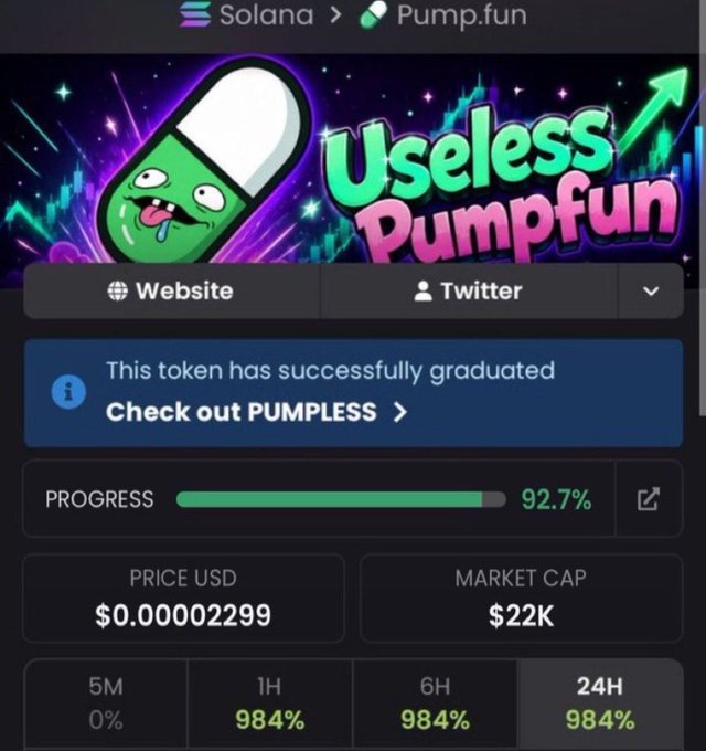 Solana Pump.fun token page for 'Useless Pumpfun' showing a green pill character, with the token graduated, 92.7% progress, price of $0.00002299, market cap of $22K, and 984% gains across 1H, 6H, and 24H.