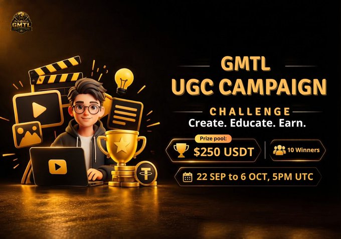 A promotional graphic for the 'GMTL UGC CAMPAIGN CHALLENGE' with the tagline 'Create. Educate. Earn.' It announces a prize pool of $250 USDT for 10 winners, running from 22 SEP to 6 OCT, 5PM UTC, and features a 3D illustration of a person with a laptop and trophy.