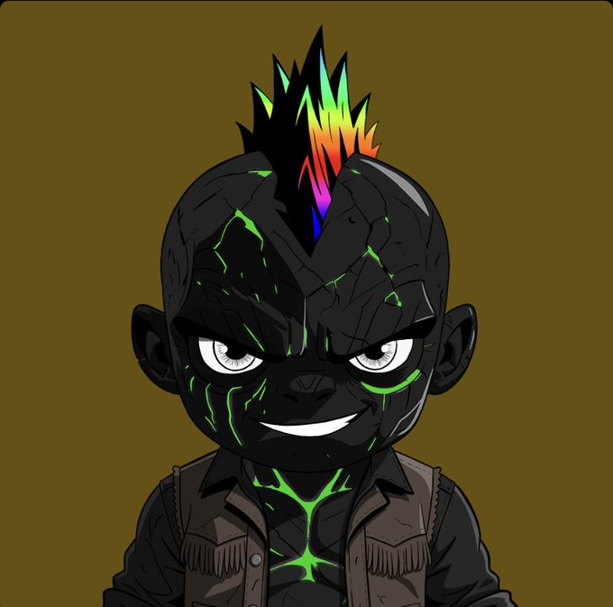An illustration of a dark, cracked-skinned character with a rainbow mohawk and glowing green veins against an olive background.