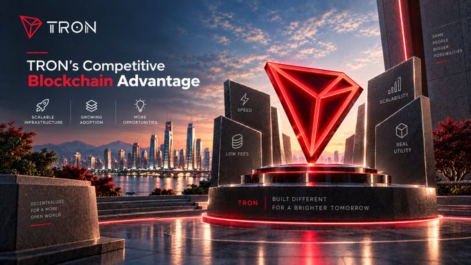 A promotional graphic for "TRON's Competitive Blockchain Advantage" featuring a large red Tron logo monument in a cityscape setting, highlighting features like Scalable Infrastructure, Speed, and Low Fees.
