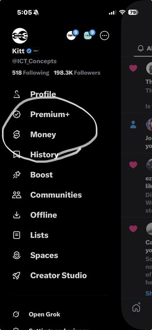 The image shows a Twitter/X navigation menu with the user "Kiittt (@ICT_Concepts)" circled in white marker around the "Premium+," "Money," and "History" options, suggesting the platform's new monetization features have launched for the account. The post's caption "X money has arrived… It's happening" ties directly to these highlighted options, indicating excitement about X's new payment/financial features becoming available.