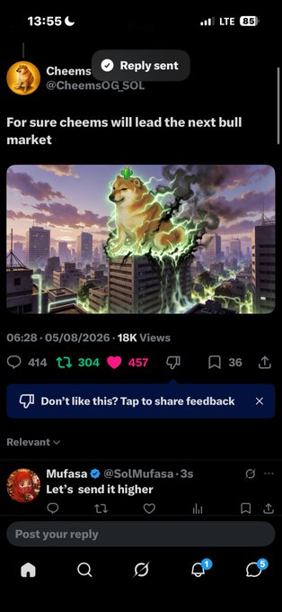 A screenshot of a social media post from @CheemsOG_SOL reading "For sure cheems will lead the next bull market" featuring an AI-generated image of a giant glowing Shiba Inu destroying a city, with a reply from @SolMufasa saying "Let's send it higher".
