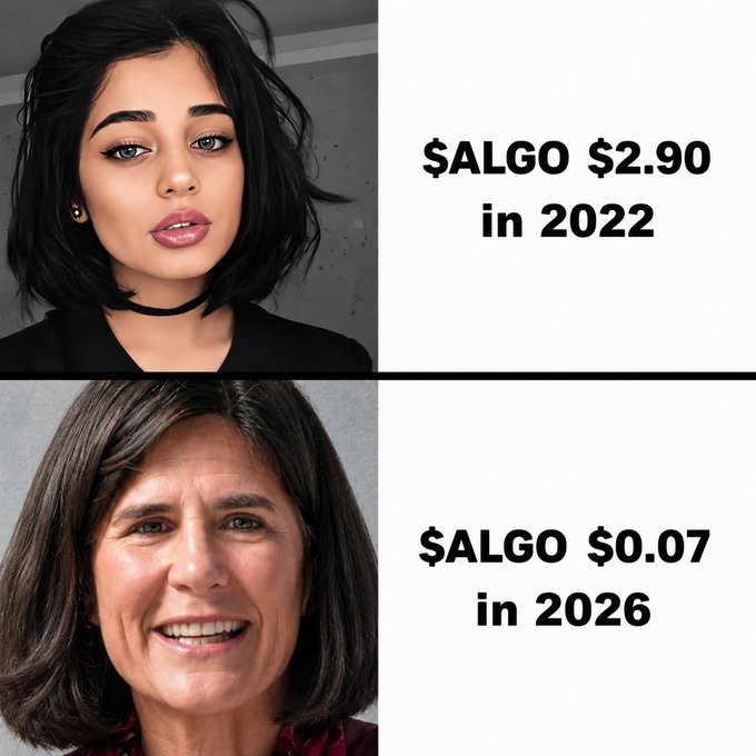 A meme comparing two women, with text reading '$ALGO $2.90 in 2022' next to a younger woman on top, and '$ALGO $0.07 in 2026' next to an older woman on the bottom.
