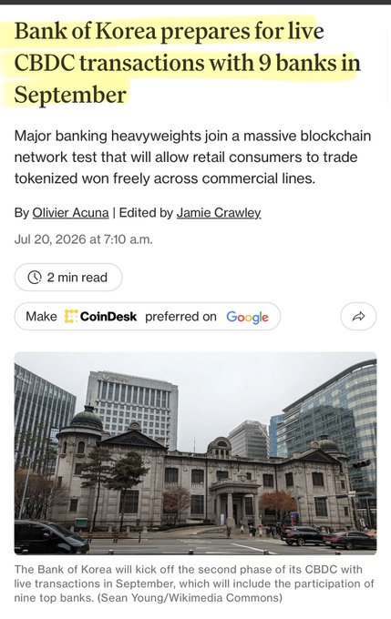 A CoinDesk article headline reads "Bank of Korea prepares for live CBDC transactions with 9 banks in September," reporting that major South Korean banks will participate in a blockchain network test allowing retail consumers to trade tokenized won, accompanied by an image of the Bank of Korea building.