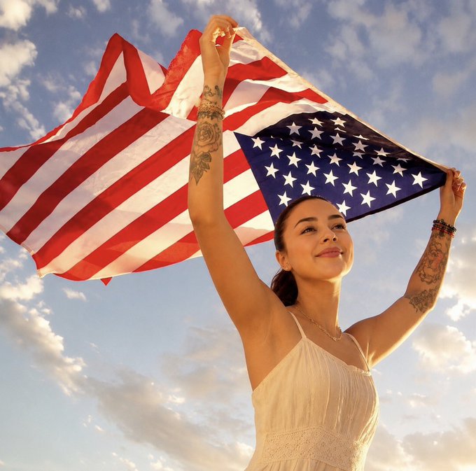 A young woman with rose and figure tattoos holds a flowing American flag against a partly cloudy sky, smiling in the warm golden-hour light.