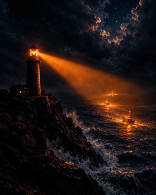 A digital artwork of a lighthouse on rocky cliffs at night, featuring an 'M' logo, with its orange beam illuminating ships in a stormy sea.