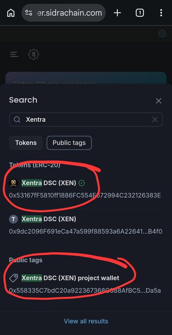 A screenshot from sidrachain.com showing a search for 'Xentra,' with Xentra DSC (XEN) token entries and project wallet circled in red.