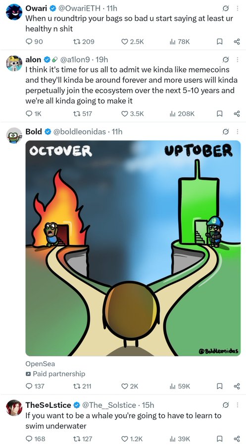 A compilation of four tweets (from Owari, alon, Bold, and TheSeLstice) discusses crypto market sentiment, featuring a "October/Uptober" meme by @BoldLeonidas that depicts a figure choosing between a fiery downward path and a green upward path, with OpenSea sponsorship, reflecting the user's confusion about Bitcoin still trading above $80k amid seemingly bearish conditions.