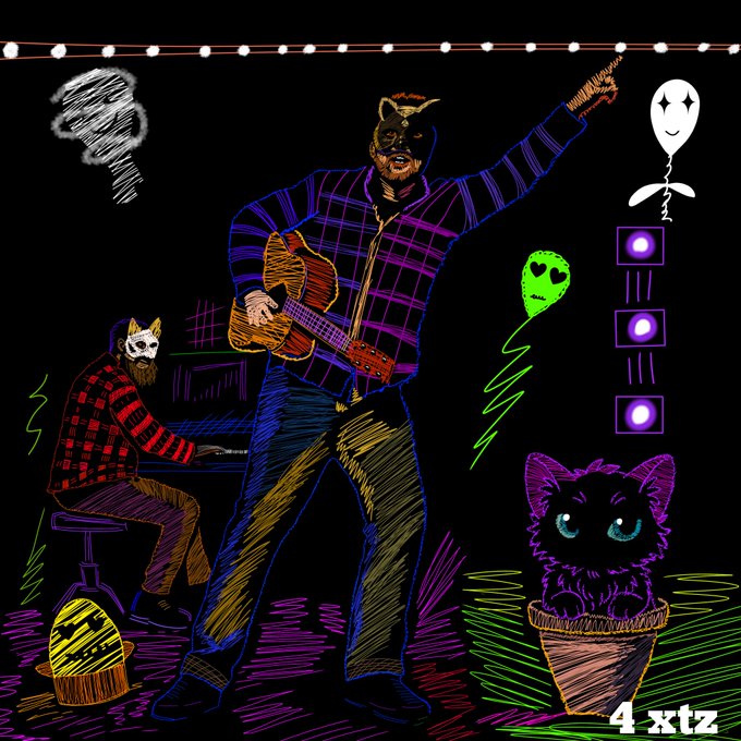 A neon-colored digital illustration shows two masked musicians—a guitarist in a plaid shirt and a keyboardist in a red plaid jacket—performing on stage alongside a black cat in a pot and whimsical ghost and alien figures, with "4 xtz" displayed in the corner indicating the price on Objkt for this collaborative NFT piece by @sheri_a000 and @mrbretjolliffe.