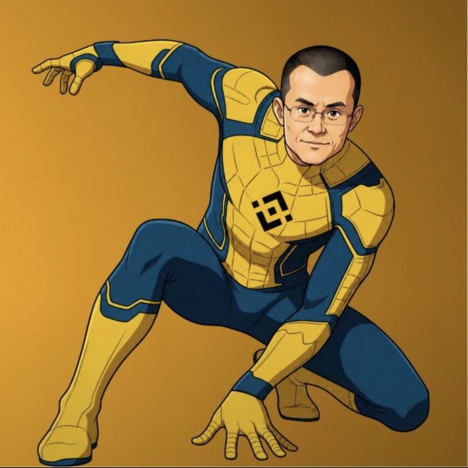 A cartoon superhero with a recognizable face, glasses, and a buzz cut is shown in a dynamic crouching pose wearing a blue and yellow suit with the Binance logo on the chest, celebrating the bullish crypto market rally referenced in the post.
