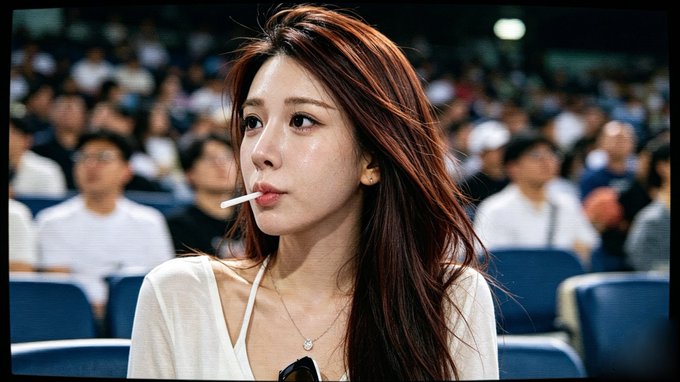 iced tea with a straw, white shirt, and sunglasses on a woman's head, seated in front of an audience at a sports event.