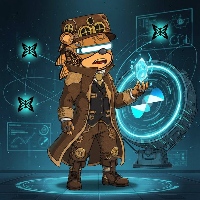 Steampunk-style cartoon bear wearing goggles and a brown coat holds a glowing blue crystal in front of a futuristic circular portal, surrounded by butterfly icons and holographic displays.