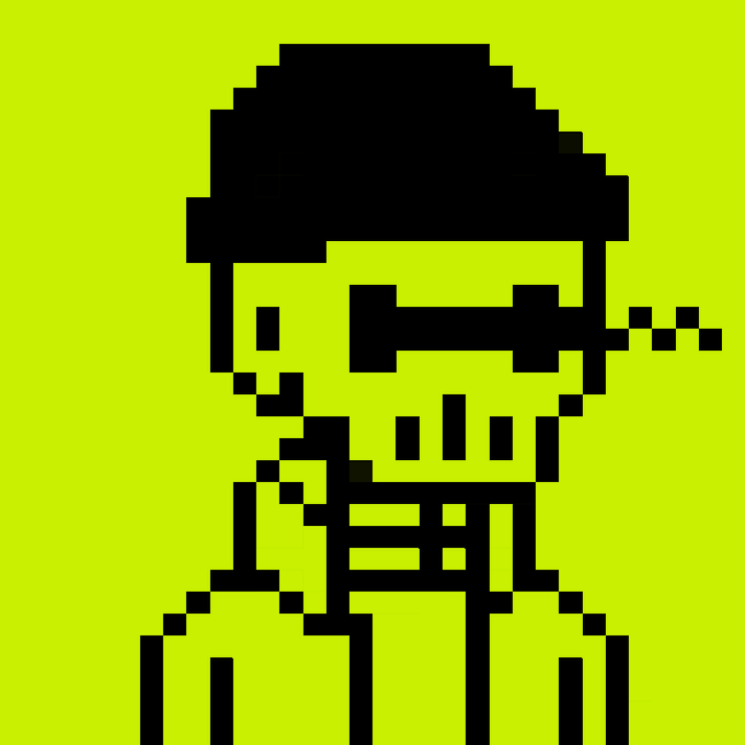 A pixel art illustration of a figure with sunglasses and what appears to be a mustache, rendered in black on a bright yellow-green background.