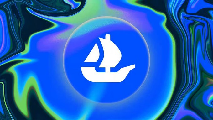 A white OpenSea logo (a sailboat) displayed on a blue circle against a swirling, iridescent blue and green background.