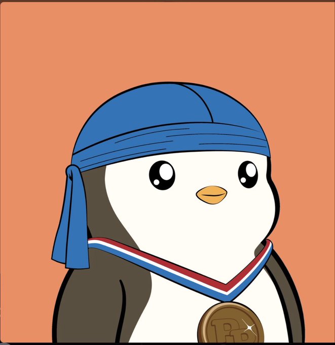 A cartoon penguin mascot wearing a blue bandana and a bronze-colored PB coin medal around its neck, set against an orange background.