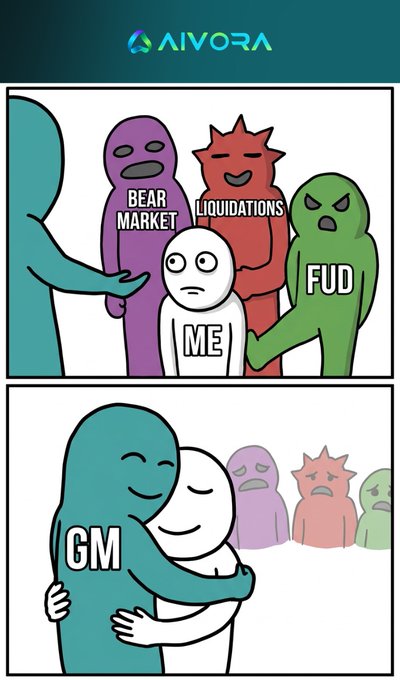 A two-panel comic from AIVORA showing a character labeled 'ME' being harassed by 'BEAR MARKET', 'LIQUIDATIONS', and 'FUD' figures, then being embraced by a 'GM' figure while the others look on.