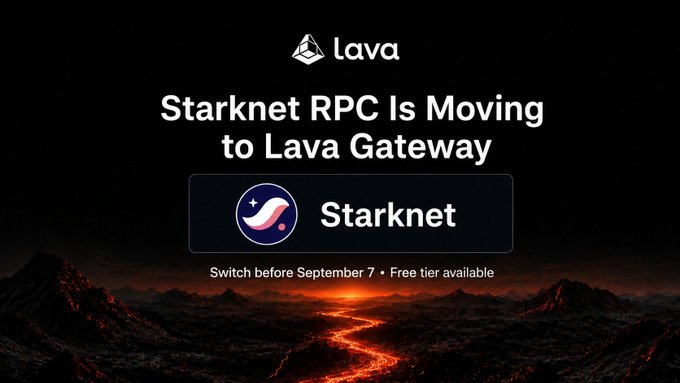 An announcement from Lava states, “Starknet RPC Is Moving to Lava Gateway,” with a call to switch before September 7 and a note that a free tier is available. It promotes accessing @Starknet RPC endpoints at gateway.lavanet.xyz through Lava’s decentralized, redundant provider network.