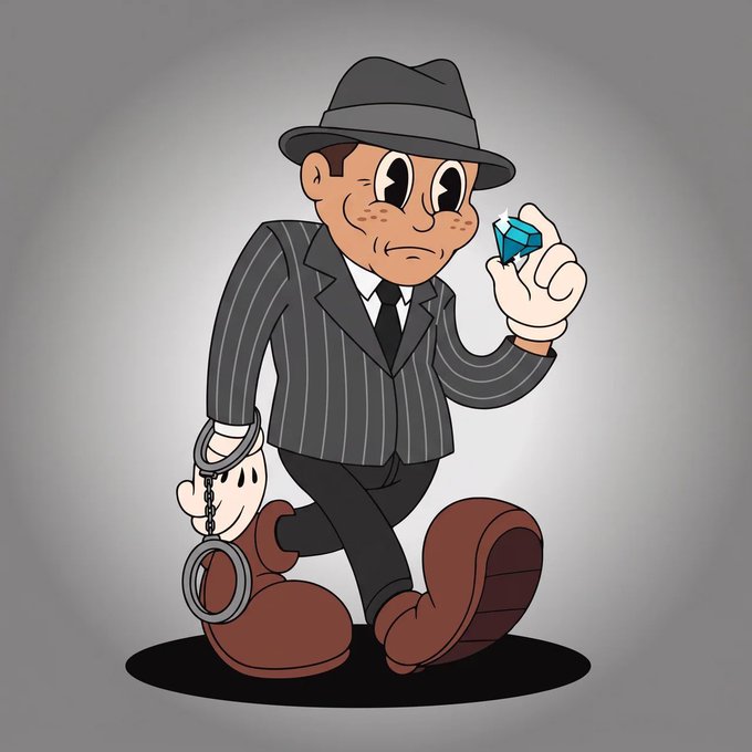 A cartoon thief in a pinstripe suit and fedora examines a blue diamond while carrying handcuffs, fitting the post's theme about upcoming NFT mints on Ethereum with a limited supply of 3,333 and 3 whitelist giveaways.