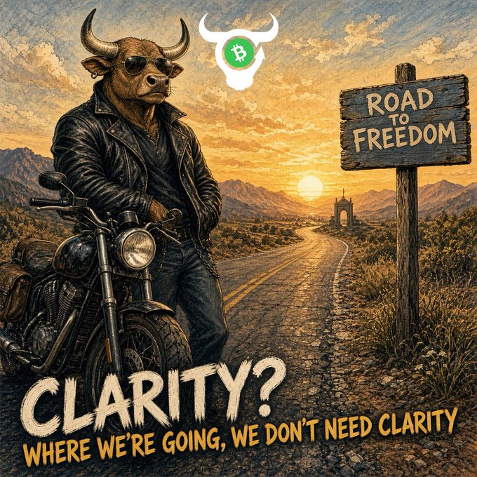 A stylized illustration of a bull wearing sunglasses and a leather jacket on a motorcycle next to a 'Road to Freedom' sign, with a Bitcoin logo above and the text 'CLARITY? WHERE WE'RE GOING, WE DON'T NEED CLARITY.'